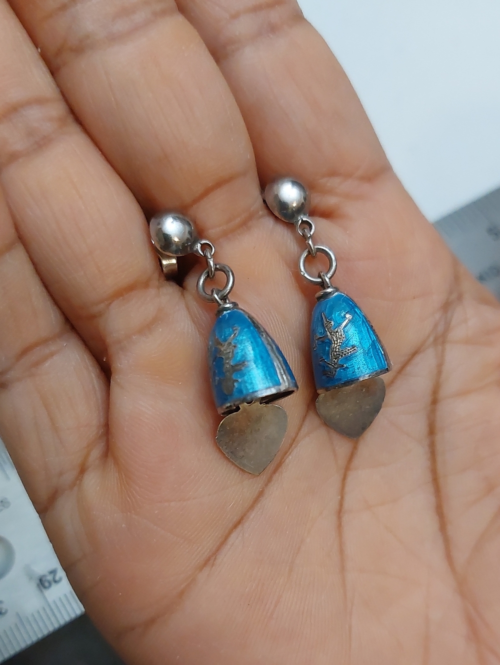 Vintage Siam Neillo Sterling Silver Bell Dangle Post Pierce Earrings